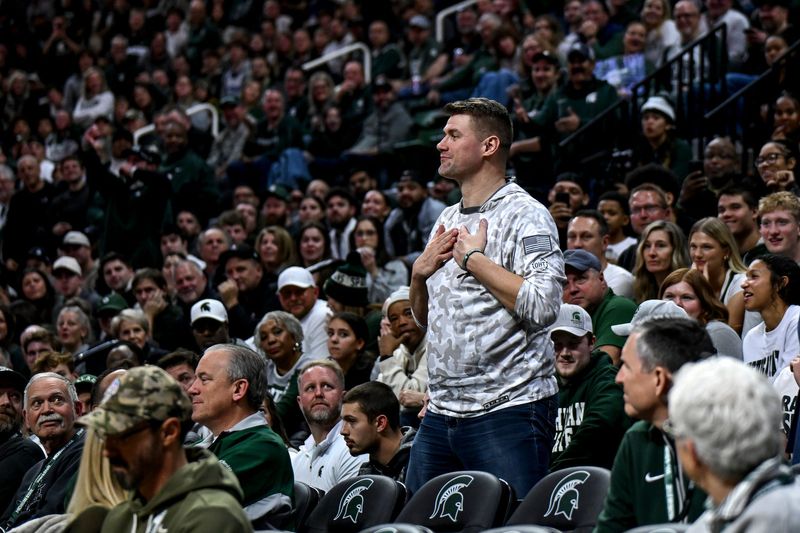 Former Michigan State basketball standout Paul Davis gestures as he is ejected from the Spartans' game against USC during the second half on Monday, Jan. 5, 2026, at the Breslin Center in East Lansing.