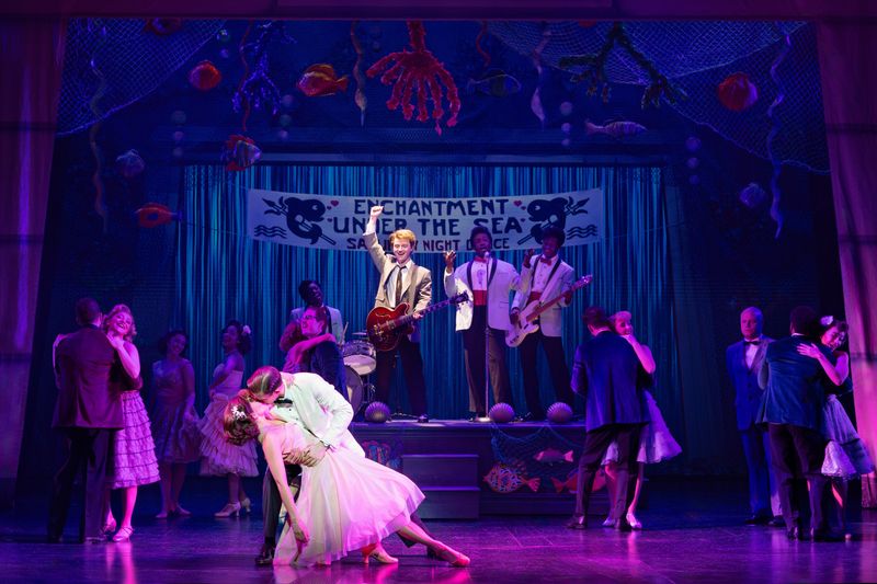 From left, Zan Berube (Lorraine Baines), Mike Bindeman (George McFly) and Lucas Hallauer (Marty McFly) in First National Touring Company "Back to the Future: The Musical", which opens at Wharton Center on Jan.13.