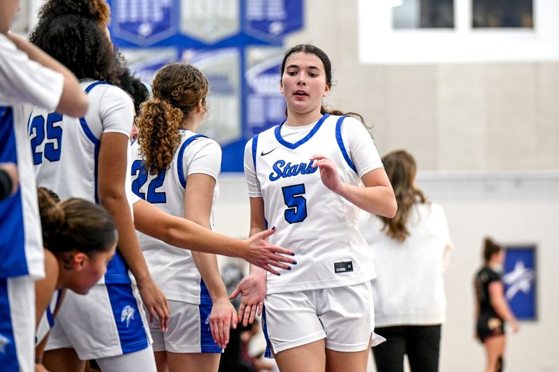 Lansing Community College's Claire Tobias, right, slaps hands of teammates during the third quarter in the game against Jackson on Wednesday, Jan. 7, 2026, in Lansing.