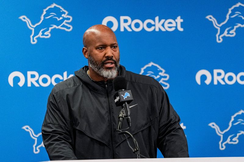 Detroit Lions executive vice president and general manager Brad Holmes speaks during media availability at Meijer Performance Center in Allen Park on Thursday, Jan. 8, 2026.