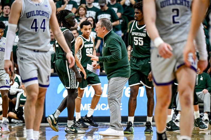 Michigan State's head coach Tom Izzo talks to the team during the first half against Northwestern on Thursday, Jan. 8, 2026, at the Breslin Center in East Lansing.