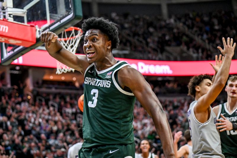Michigan State's Cam Ward celebrates after a score and a Northwestern foul during the second half on Thursday, Jan. 8, 2026, at the Breslin Center in East Lansing.