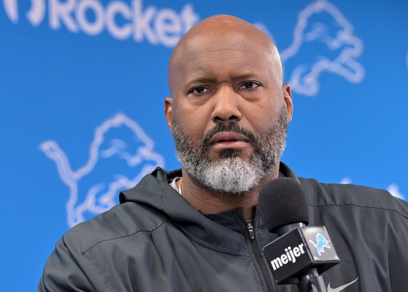 Detroit Lions General Manager Brad Holmes speaks during a press conference at the Lions Meijer Performance Center in Allen Park, Mich. on Jan. 8, 2026.