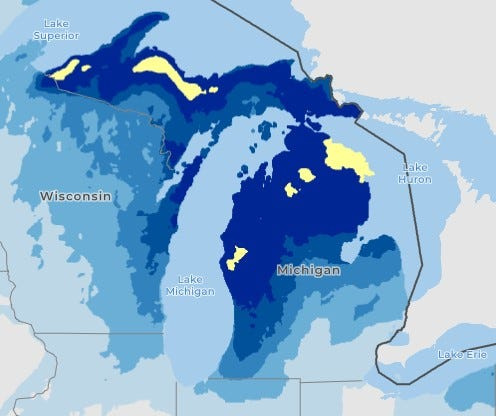 Expected snowfall amounts across Michigan by Monday morning, Jan. 12. Blue shading indicates accumulations from 0.1-5 inches, while yellow shading in the western U.P., northern and southwest Michigan shows heavier accumulations from 6-7 inches.