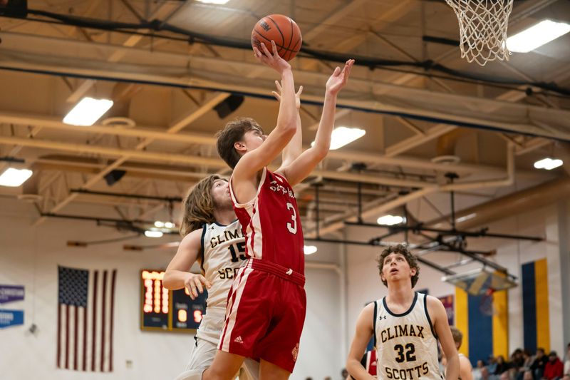 St. Philip senior Lincoln Dzwik approaches the basket during a game at Climax-Scotts High School on Friday, Jan. 9, 2026.
