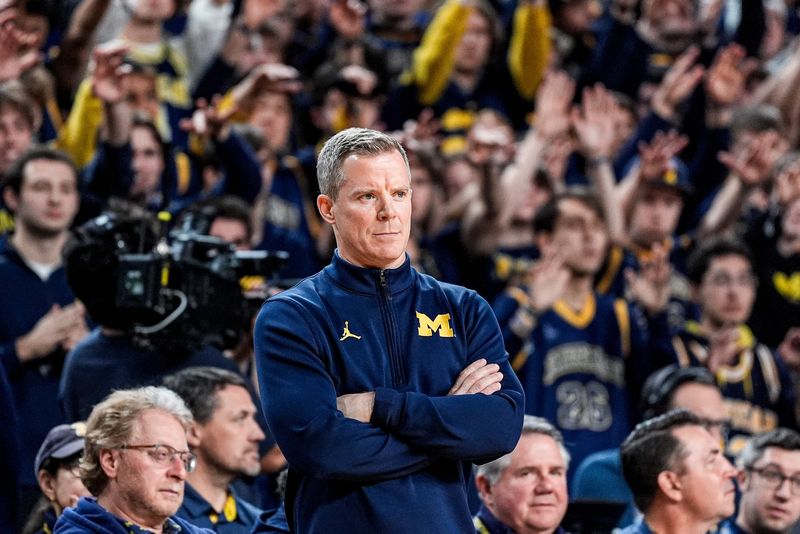 Michigan head coach Dusty May watches a play against Wisconsin during the second half at Crisler Center in Ann Arbor on Saturday, Jan. 10, 2026.