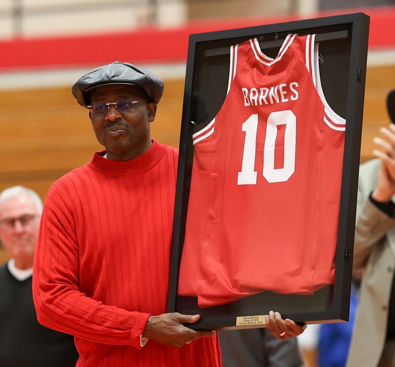 Monroe basketball great Rosie Barnes had his No. 10 jersey retired at halftime of a game against Bedford on Friday, Jan. 9, 2026.