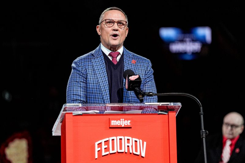 Detroit Red Wings general manager Steve Yzerman speaks during Sergei Fedorov’s jersey retirement ceremony at Little Caesars Arena in Detroit on Monday, Jan. 12, 2026.