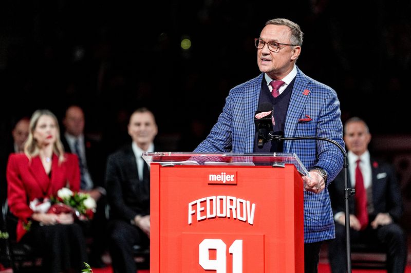Detroit Red Wings general manager Steve Yzerman speaks during Sergei Fedorov’s jersey retirement ceremony at Little Caesars Arena in Detroit on Monday, Jan. 12, 2026.