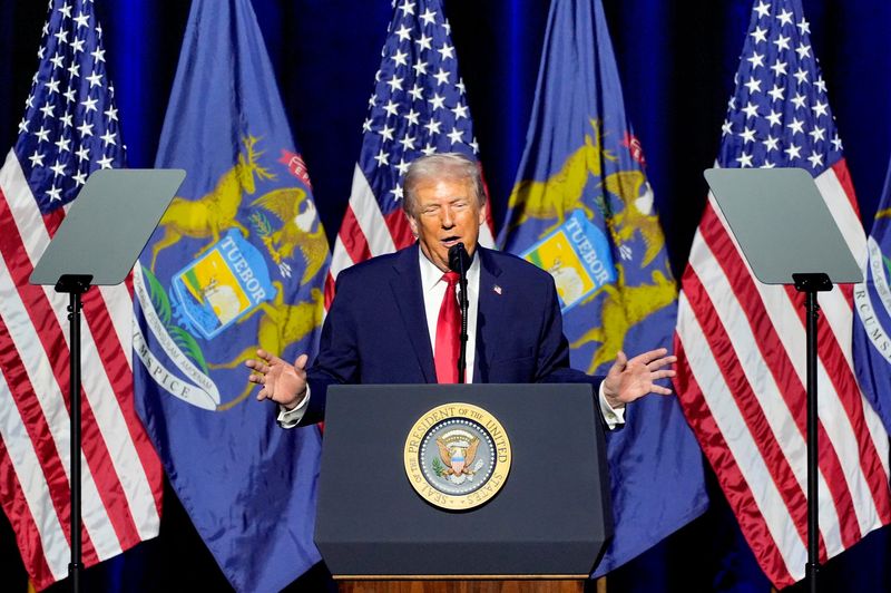 President Donald Trump speaks to the crowd at the Detroit Economic Club at Soundboard inside the MotorCity Casino Hotel in Detroit on Tuesday, Jan. 13, 2026.