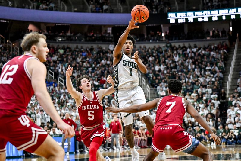 Michigan State's Jeremy Fears Jr. passes the ball against Indiana during the second half on Tuesday, Jan. 13, 2026, at the Breslin Center in East Lansing.