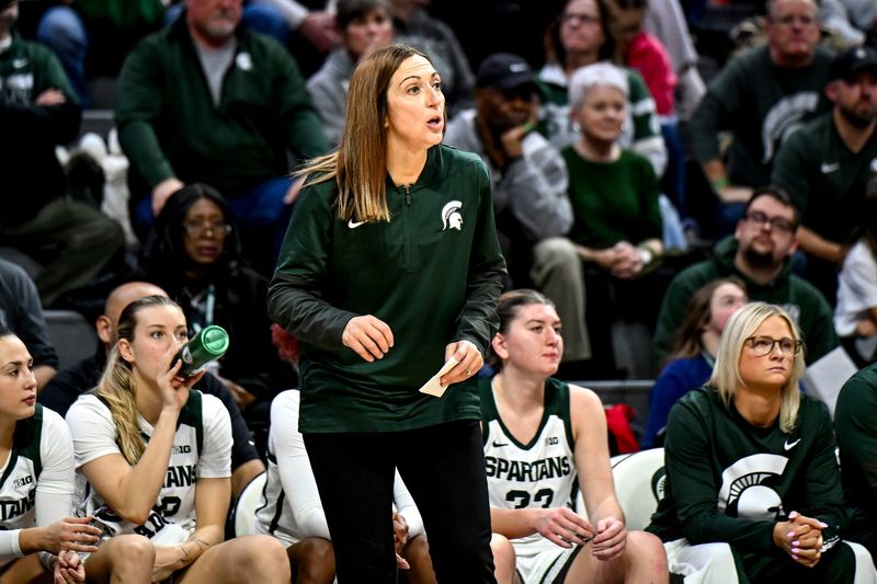 Michigan State's head coach Robyn Fralick communicates with the team during the fourth quarter in the game against Nebraska on Thursday, Jan. 15, 2026, at the Breslin Center in East Lansing.
