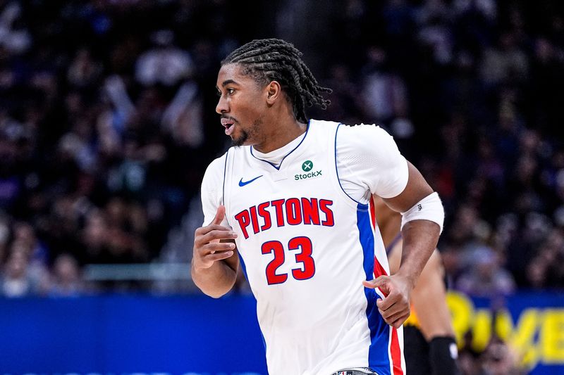 Detroit Pistons guard Jaden Ivey reacts after a 3-pointer against the Phoenix Suns during the second half at Little Caesars Arena in Detroit on Thursday, Jan. 15, 2026.