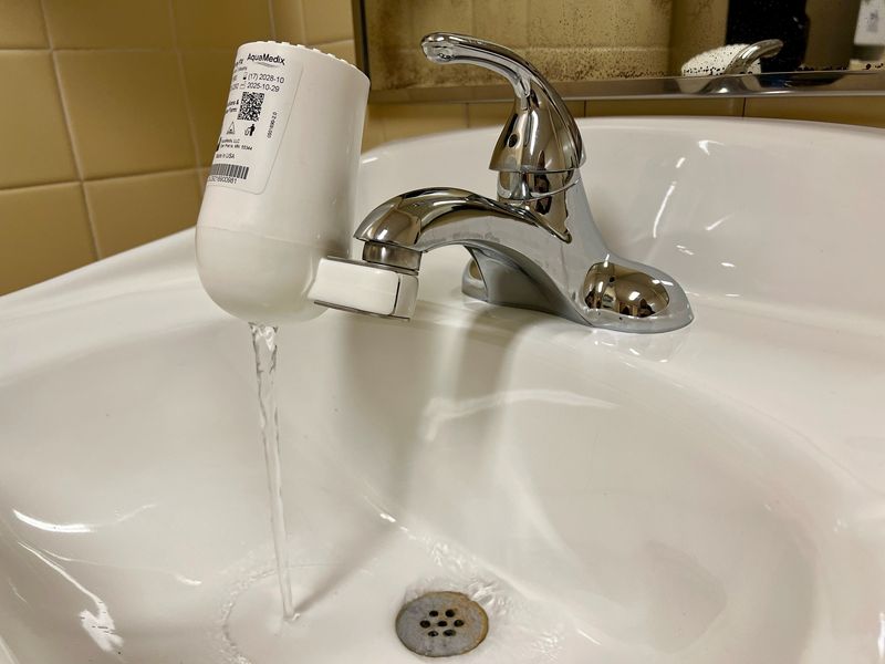 A filter on a sink faucet in a public women's restroom at the Oakland County courthouse in Pontiac on Jan. 15. 2026.