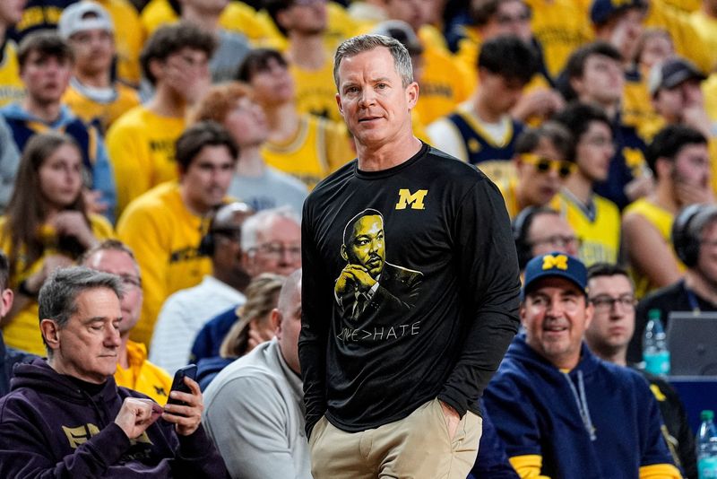 Michigan head coach Dusty May watches a play against Indiana during the second half at Crisler Center in Ann Arbor on Tuesday, Jan. 20, 2026.