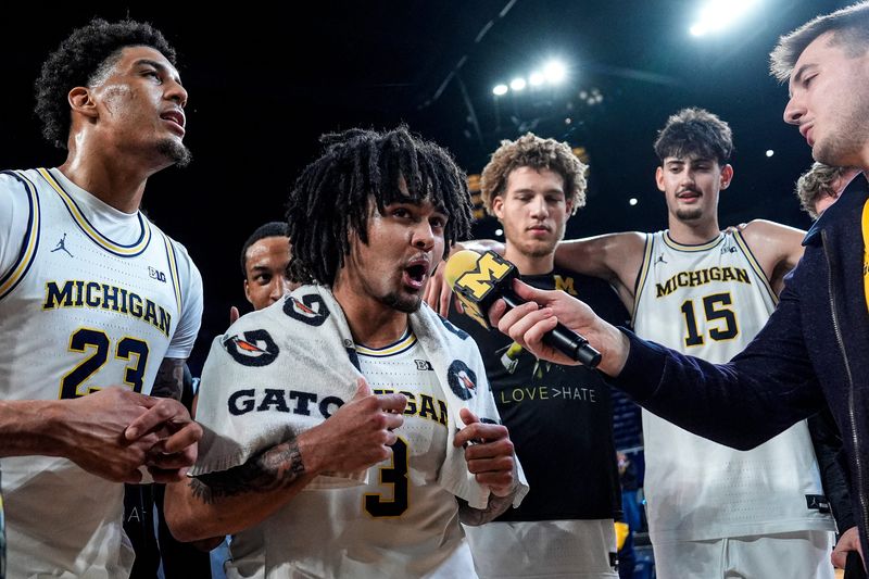 Michigan guard Elliot Cadeau (3) speaks at his post game interview after 86-72 win over Indiana at Crisler Center in Ann Arbor on Tuesday, Jan. 20, 2026.