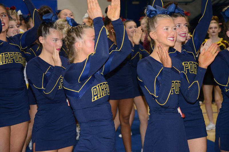 Airport celebrates after winning a Huron League competitive cheerleading jamboree at Jefferson on Wednesday, Jan. 21, 2026.