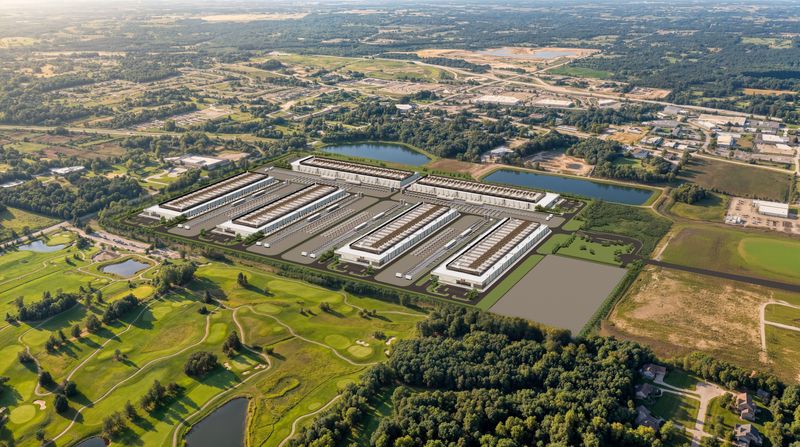 An aerial rendering of the 6-building, 1.8 million-square-foot "Project Flex" data center planned for Lyon Township in the South Hill Business Park West, adjacent to the current Coyote Golf Course, which is set to become a home development in late 2027.