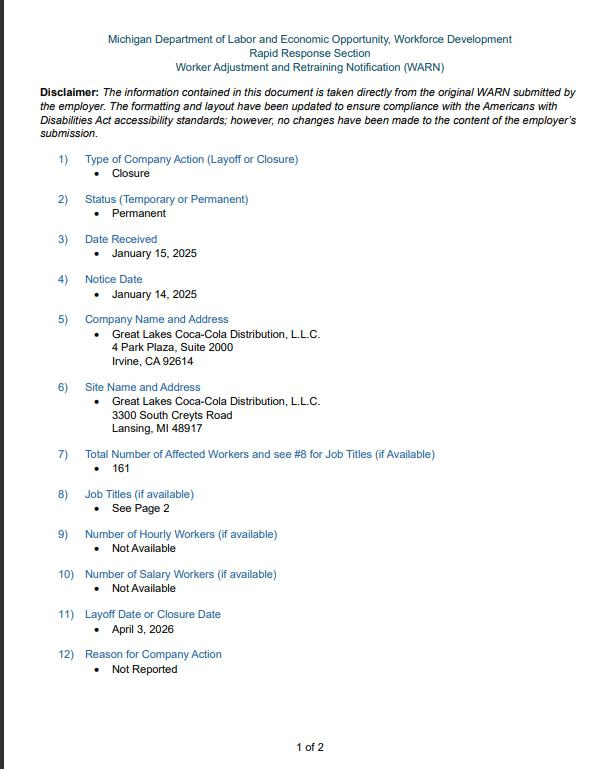 Great Lakes Coca-Cola Distribution, LLC Jan. 14 Worker Adjustment and Retraining Notification (WARN) notice filed with the state Michigan Department of Labor and Economic Opportunity