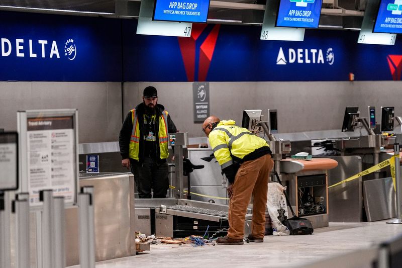 Workers clean up damage near the international ticketing gate of Detroit Metro Airport McNamara Terminal after a car drove through the building in Romulus on Friday, Jan. 23, 2026.