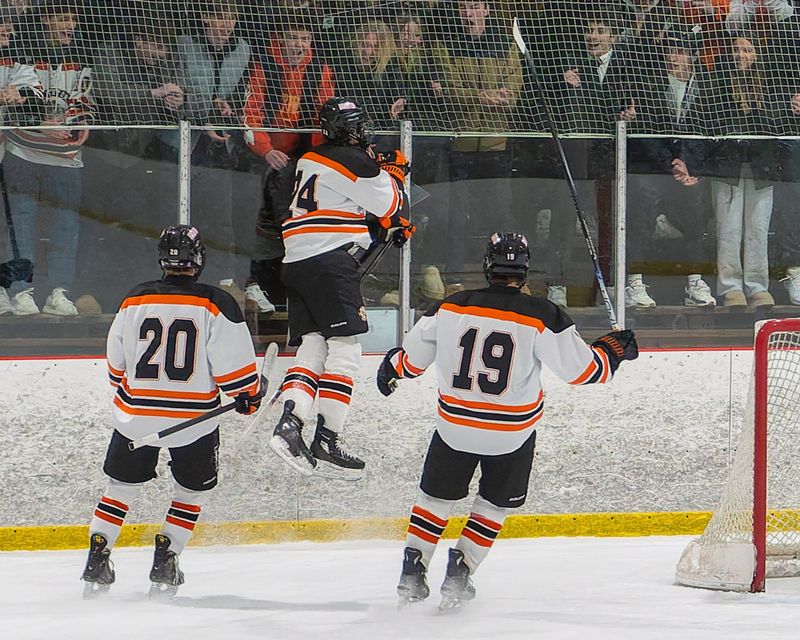 Brighton defenseman Vince Walkup celebrates one of his 11 goals this season during a game against Hartland.
