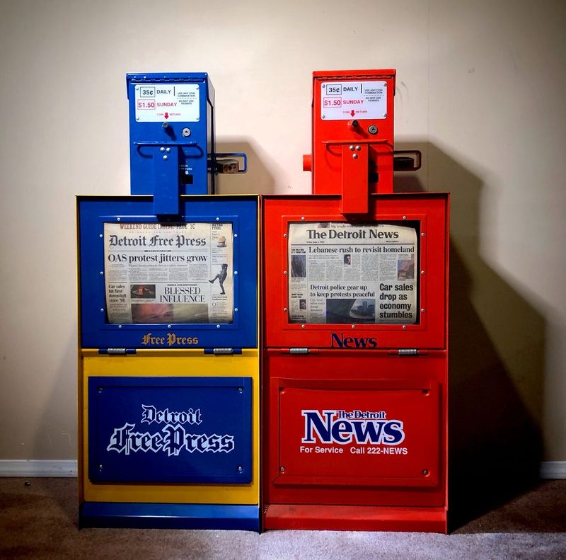 A Detroit Free Press and Detroit News newspaper boxes with papers still inside from June 2, 2000 sit in the basement of the home of Detroit Free Press photojournalist Eric Seals who bought them at a going out of business sale a small company on Fort Street and Washington Blvd was having in August of 2020.