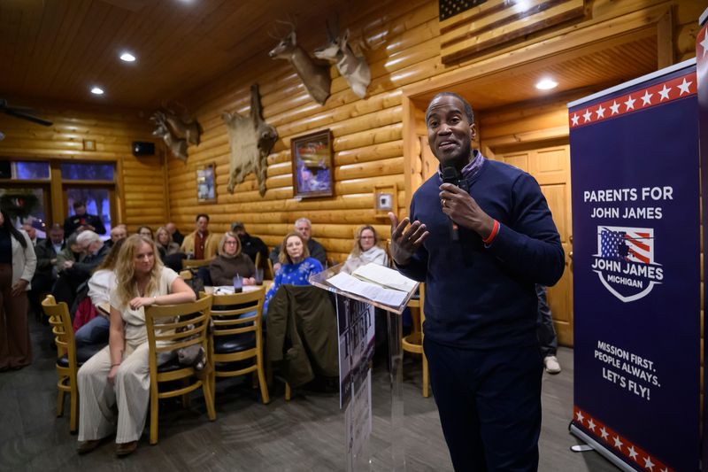U.S. Rep John James speaks during a town hall meeting at the Little Brown Jug restaurant, in Maybee, January 26, 2026.