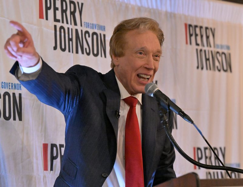 Perry Johnson, a businessman from Bloomfield Hills, speaks to supporters as he launches his campaign for governor at Bella Piatti in Birmingham, Mich. on Jan. 26, 2026.