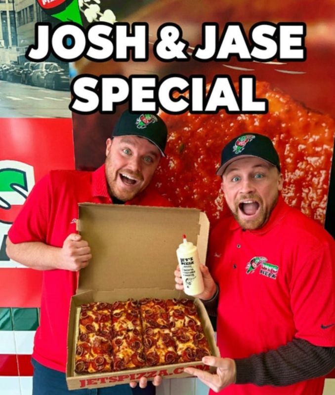British content creators Jase (left) and Josh (right) announce a limited-time collaboration with Jet’s Pizza during their Michigan visit. The Josh & Jase Special, an eight-corner Detroit-style pizza, is available at all Michigan Jet’s Pizza locations through Feb. 5.