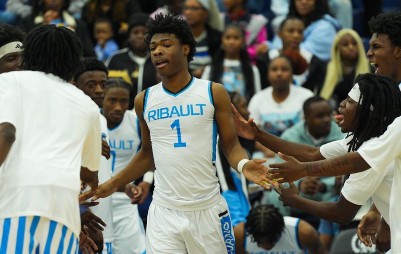 Ribault Trojans gsg Brandon McCoy (1) is introduced before the start of the game. The Ribault Trojans (12-11) hosted the Ponte Vedra at Ribault-Ponte Vedra Sharks (15-7) at Ribault High School in Jacksonville, Fla. Thursday January 29, 2026. Ponte Vedra defeated Ribault 53-49. [Doug Engle/Florida Times-Union]