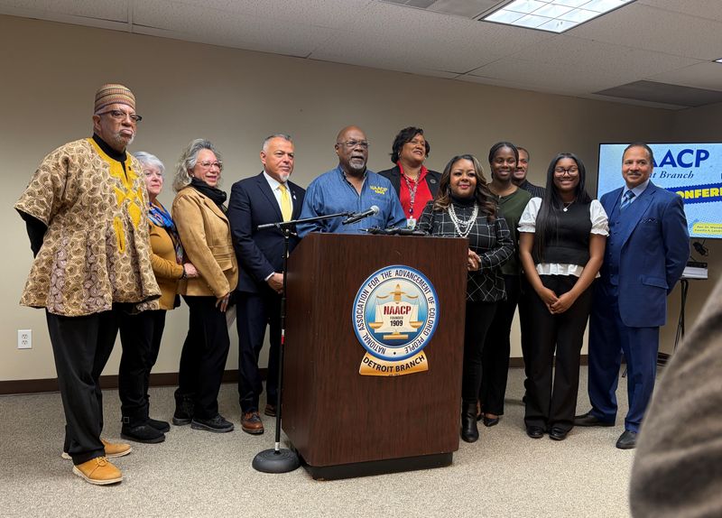 Metro Detroit leaders from NAACP, UAW Ford, Arab American Civil Rights League, Latino Americans for Social and Economic Development, National Conference of Black Lawyers, and Gailee Missionary Baptist Church call for policy changes around ICE on Friday, Jan. 30.