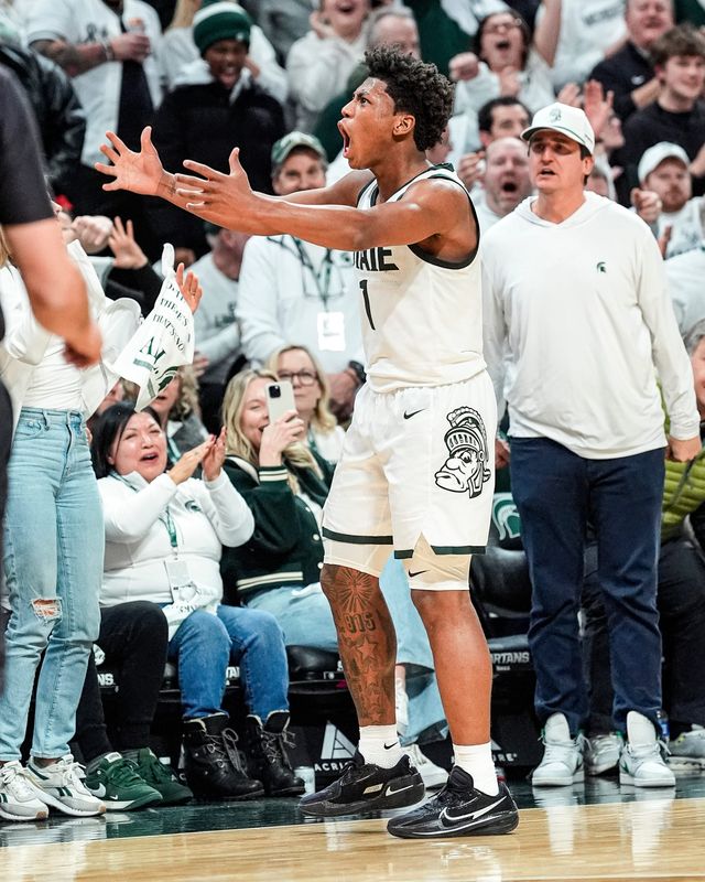 Michigan State guard Jeremy Fears Jr. (1) celebrates a play against Michigan during the second half at Breslin Center in East Lansing on Friday, Jan. 30, 2026.