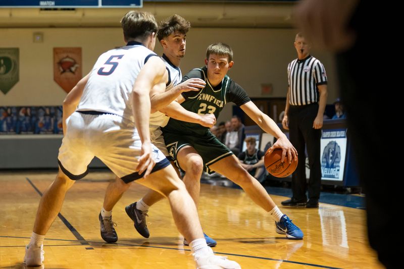 Pennfield junior Peyton Merlington dribbles during a game at Harper Creek High School on Friday, Jan. 30, 2026.
