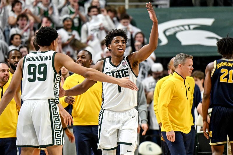 Michigan State's Jeremy Fears Jr. celebrates during a timeout during the second half in the game against Michigan on Friday, Jan. 30, 2026, at the Breslin Center in East Lansing.