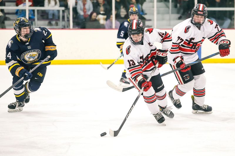 Troy United's Joey Clark skates with the puck during an Oakland Activities Association-White hockey game on Saturday, Jan. 31, 2026, at Buffalo Wild Wings Arena.