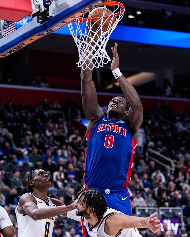 Detroit Pistons center Jalen Duren (0) goes to the basket against Denver Nuggets during the second half at Little Caesars Arena in Detroit on Tuesday, February 3, 2026.