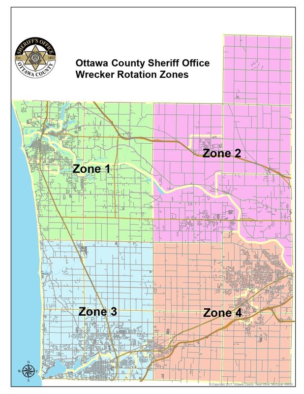A map of the zones of Ottawa County for towing companies