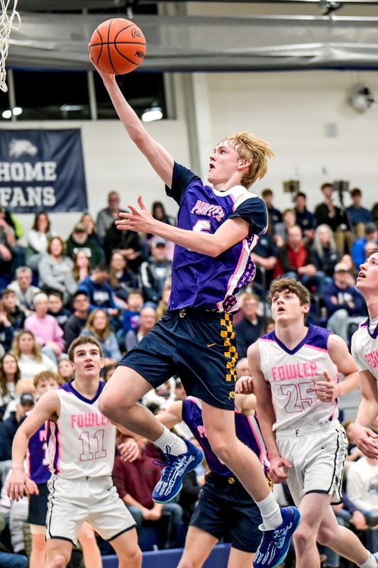 Pewamo-Westphalia's Logan Farmer score against Fowler during the second quarter on Thursday, Feb. 5, 2026, at Fowler High School.