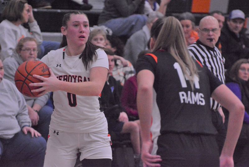 Senior guard Jaelyn Wheelock (0) led the Cheboygan girls basketball team with 10 points against Harbor Springs at home on Thursday, Feb. 5.