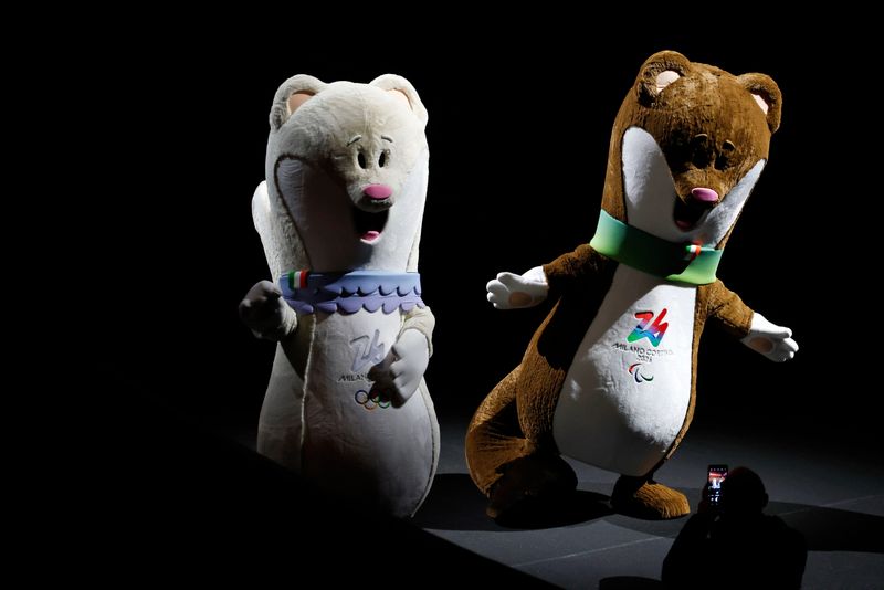 Olympic mascot Tina and Paralympic mascot Milo on the stage before the Opening Ceremony