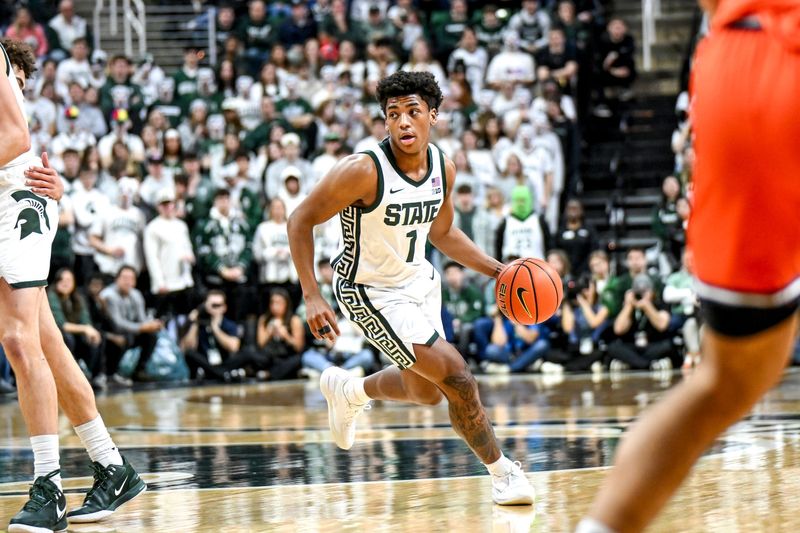 Michigan State's Jeremy Fears Jr. moves the ball against Illinois during the first half on Saturday, Feb. 7, 2026, at the Breslin Center in East Lansing.