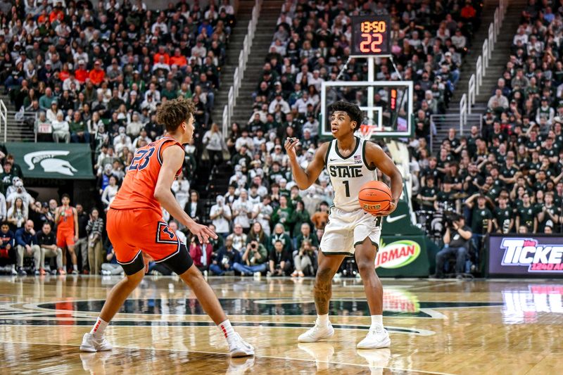 Michigan State's Jeremy Fears Jr., right, signals to teammates as Illinois' Keaton Wagler defends during the second half on Saturday, Feb. 7, 2026, at the Breslin Center in East Lansing.