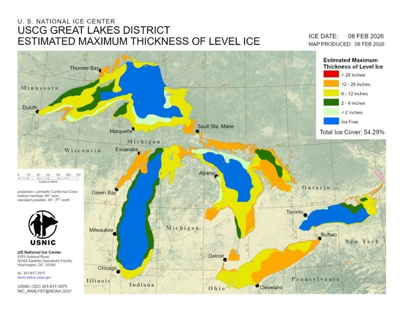 Ice thickness map for the Great Lakes as of Feb. 8. Orange shading indicates the thickest ice from 12-28 inches.