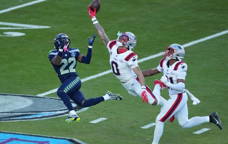 Patriots cornerback Christian Gonzalez (0) recorded three pass breakups while only allowing three catches for 36 yards in the Super Bowl loss to the Seahawks.