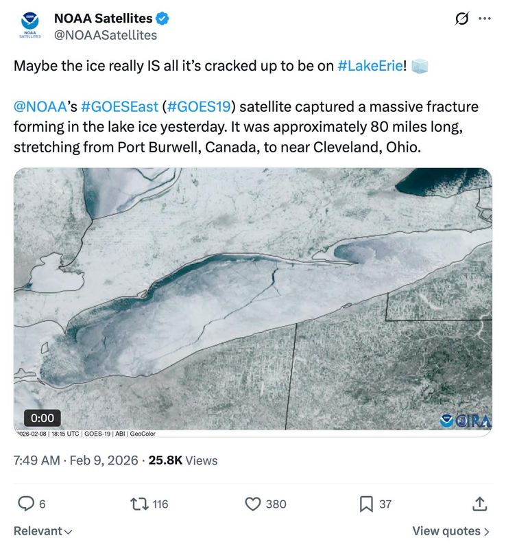 A screen capture of the NOAA Satellites post on X on Feb. 9, 2026, showing a crack on Lake Erie.