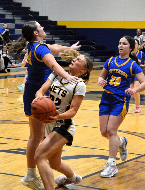 Airport's Sophia Mator gets fouled by Jefferson's Emi Grube during a 73-21 Airport victory on Monday, Feb. 9. 2026.
