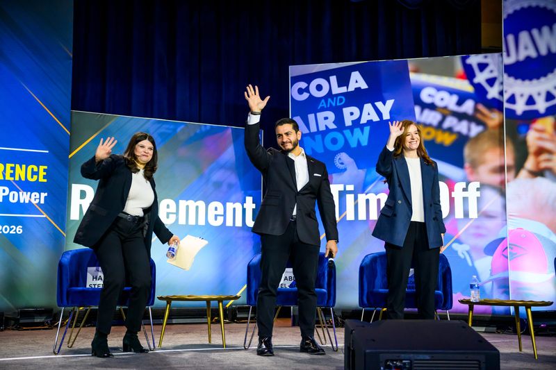 Representative Haley Stevens, left, a Democrat serving Michigan’s 11th district, Abdul El-Sayed, a former public health official from Ann Arbor; and Mallory McMorrow, right, a democratic state senator representing Michigan’s 8th district, take the stage before the UAW’s National Community Action Program (CAP) Michigan U.S. Senate Candidate Forum on February 11, 2026 in Washington, District of Columbia.