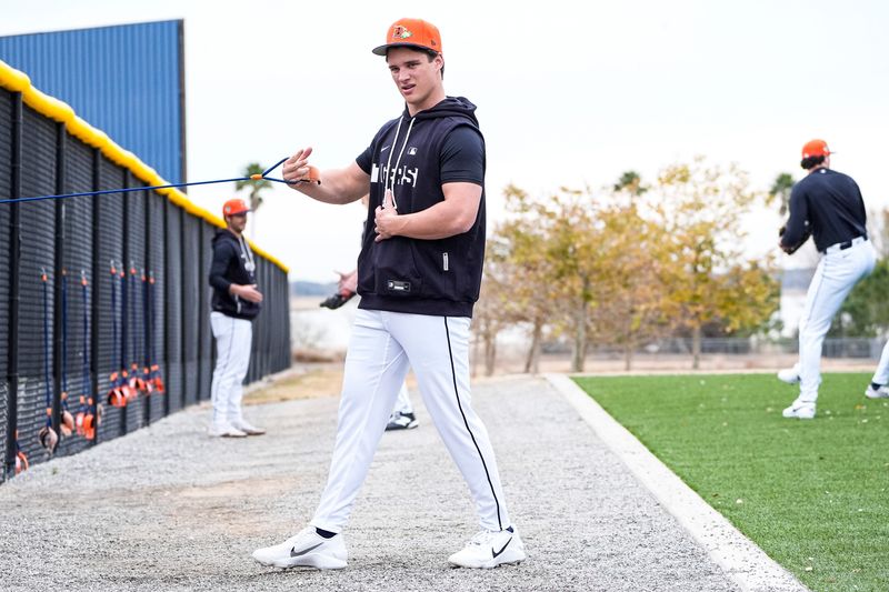 Detroit Tigers pitcher Jackson Jobe practices during spring training at TigerTown in Lakeland, Fla. on Wednesday, Feb. 11, 2026.