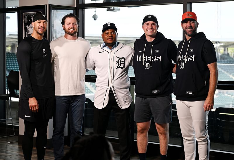 From left, Tigers pitchers Jack Flaherty, Casey Mize, Framber Valdez, Tarik Skubal and Justin Verlander are photographed after a press conference welcoming Valdez to the organization at 34 Club at Joker Marchant Stadium in Lakeland, Fla. on Feb. 11, 2026.