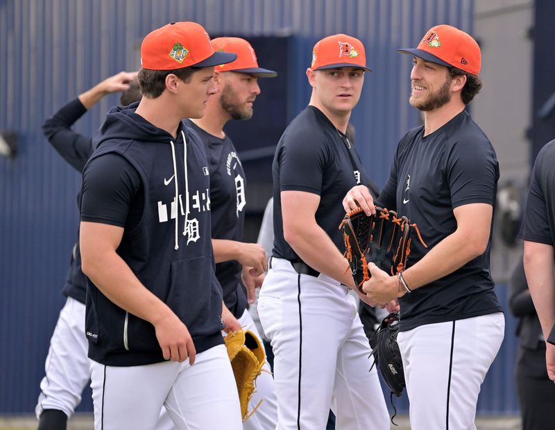 Tigers pitcher Jackson Jobe, left, and Beau Brieske talk during the first pitchers and catchers workout at Tigers Spring Training in Lakeland, Fla. on Feb. 11, 2026.